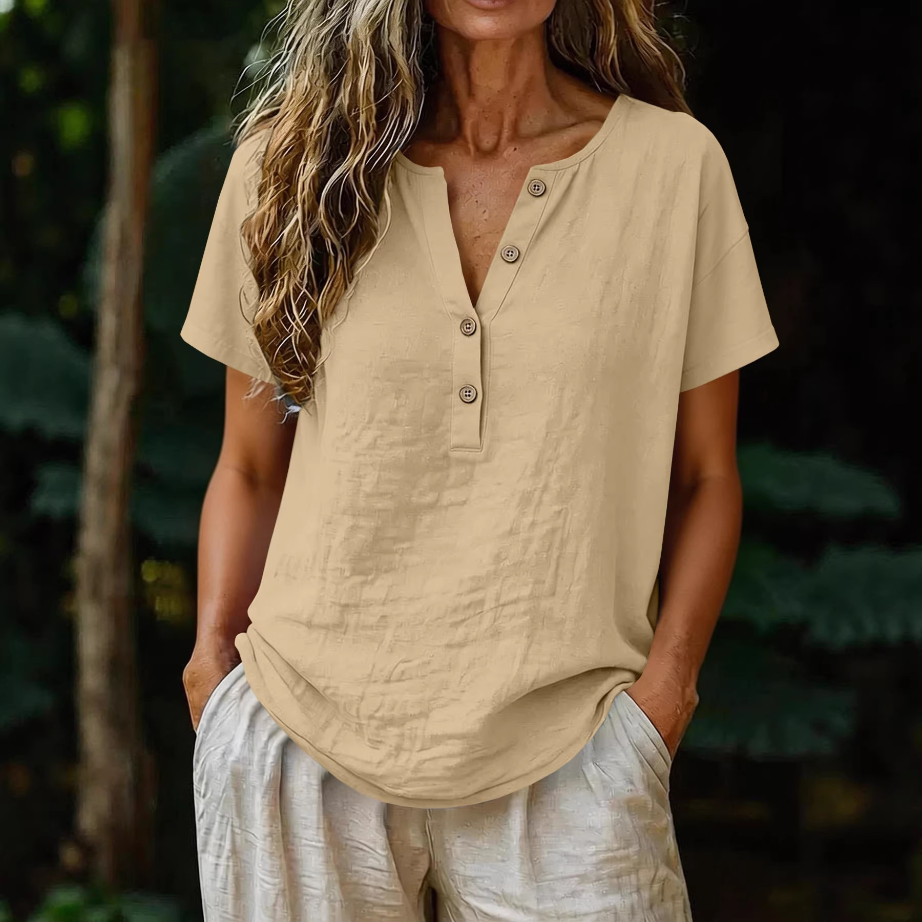 Women's Casual Cotton-Linen Short-Sleeve Half-Placket V-Neck Button Top