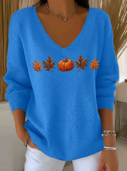 Maple Leaf Print V-Neck Long Sleeve T-Shirt