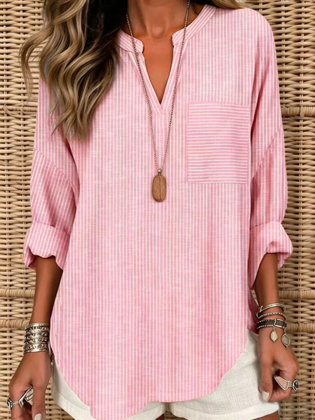 Women's Striped V-Neck Loose Fit Pocket Blouse