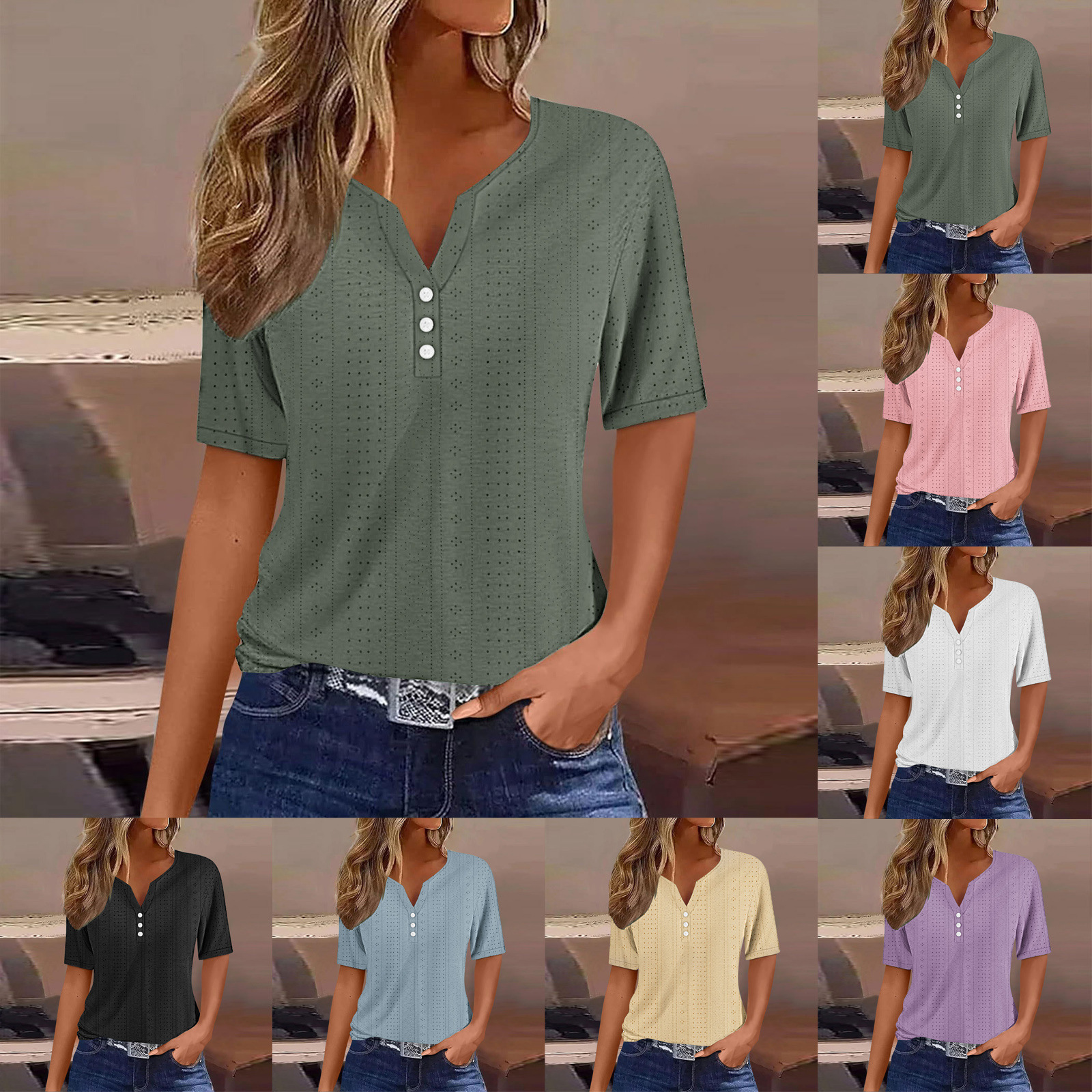 Women's Summer V-Neck Jacquard Hollow-Out Short-Sleeve Top