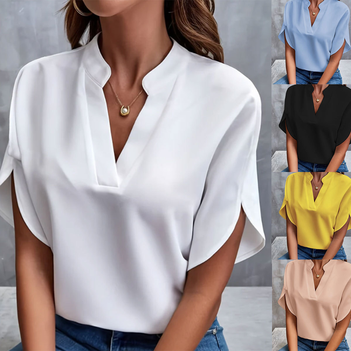 Women's V-Neck Short Sleeve Solid Color Casual Blouse