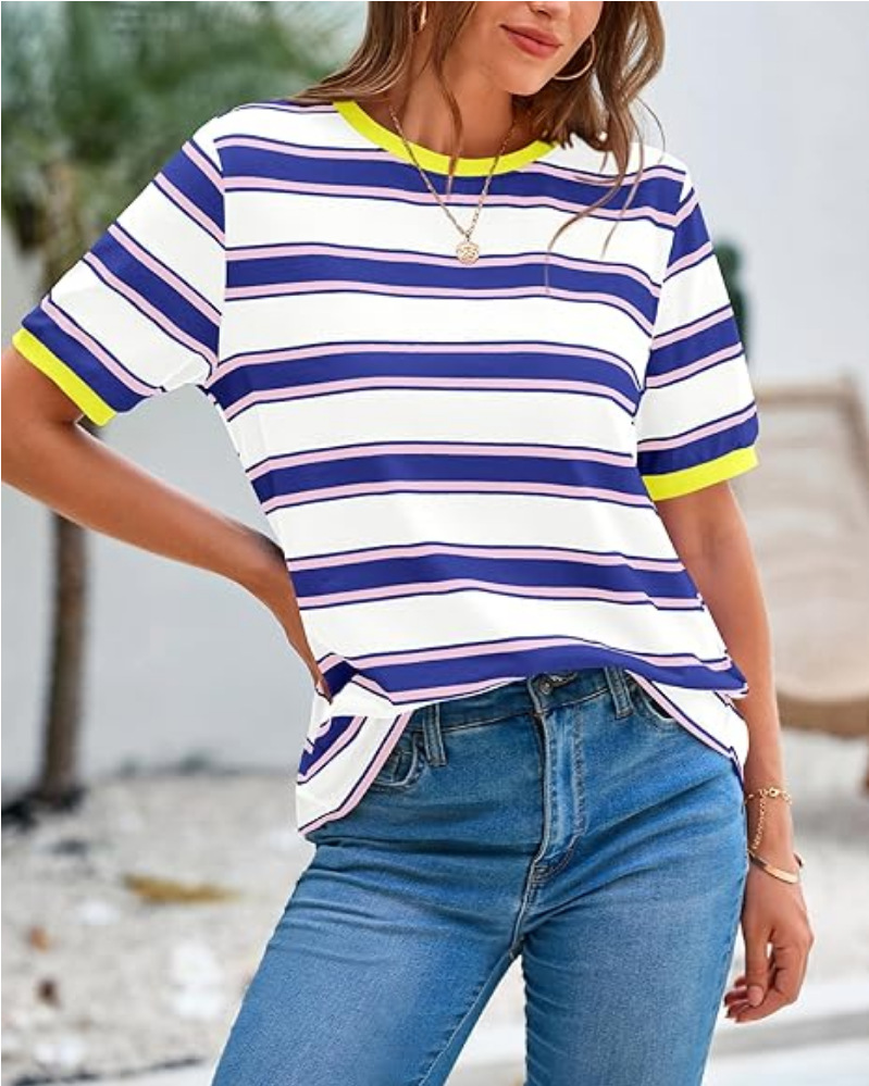 Color-Block Striped Crewneck Loose Casual T-Shirt
