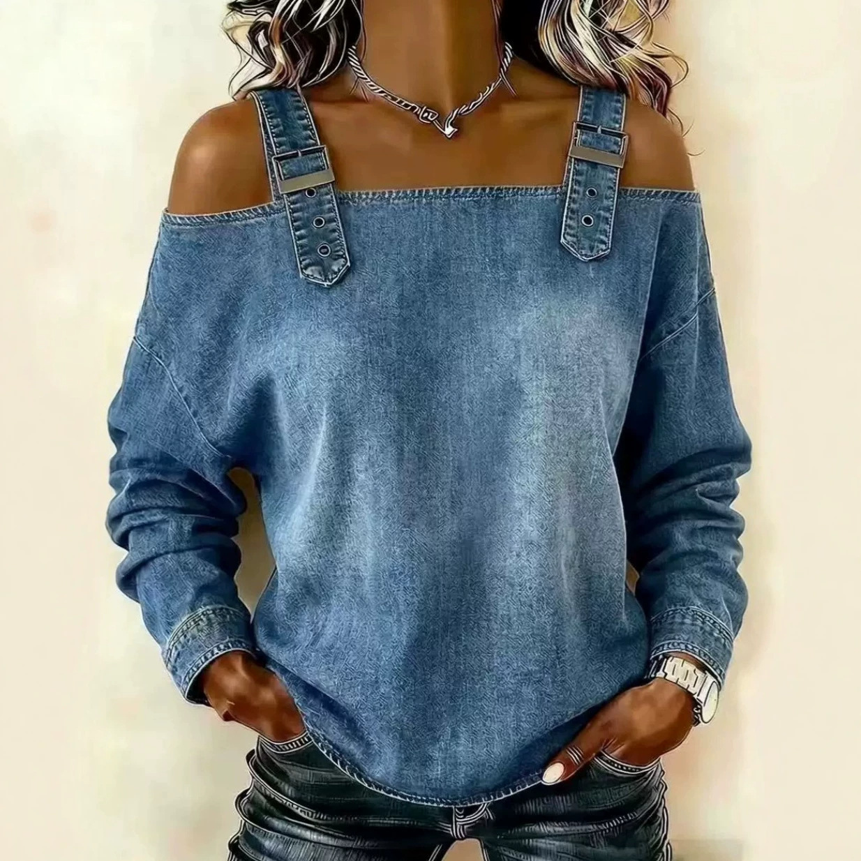 Women's Off-Shoulder Denim Top Long Sleeve Casual