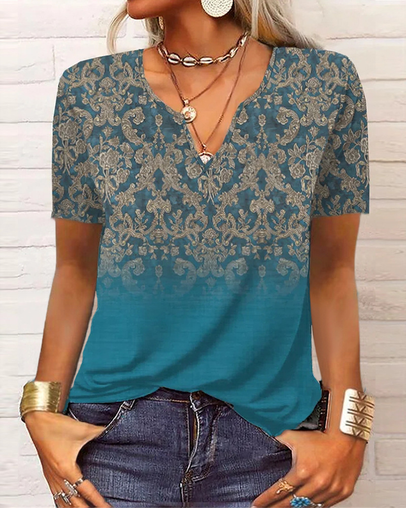 Women's Loose V-Neck Floral Print Short-Sleeve T-Shirt