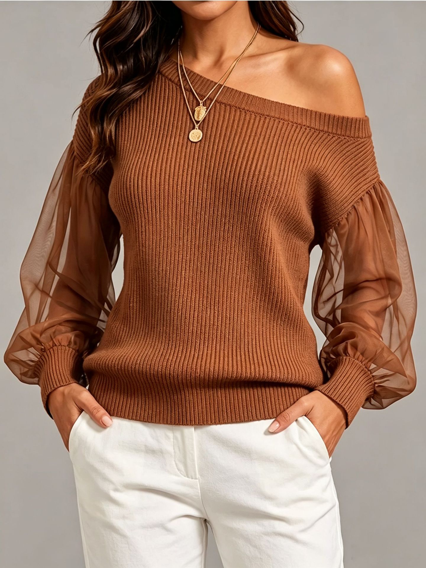 Women's Satin Knit Long-Sleeve Top Crew Neck Loose Fit