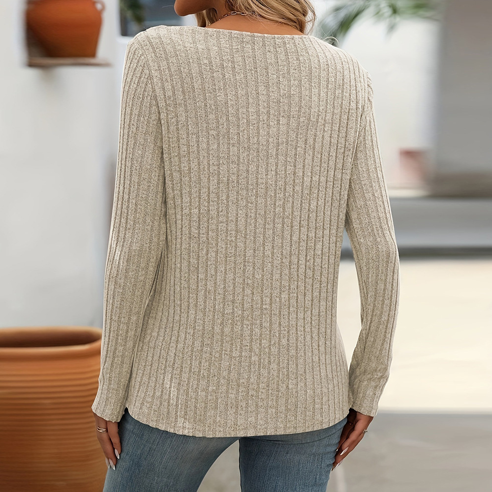 Women's V-Neck Button Knit Top Long Sleeve Slim Fit T-Shirt