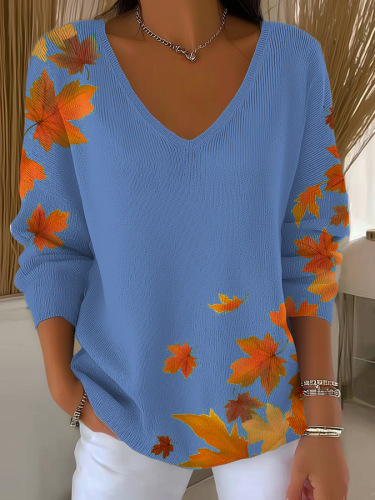 Maple Leaf Print V-Neck Long-Sleeve T-Shirt