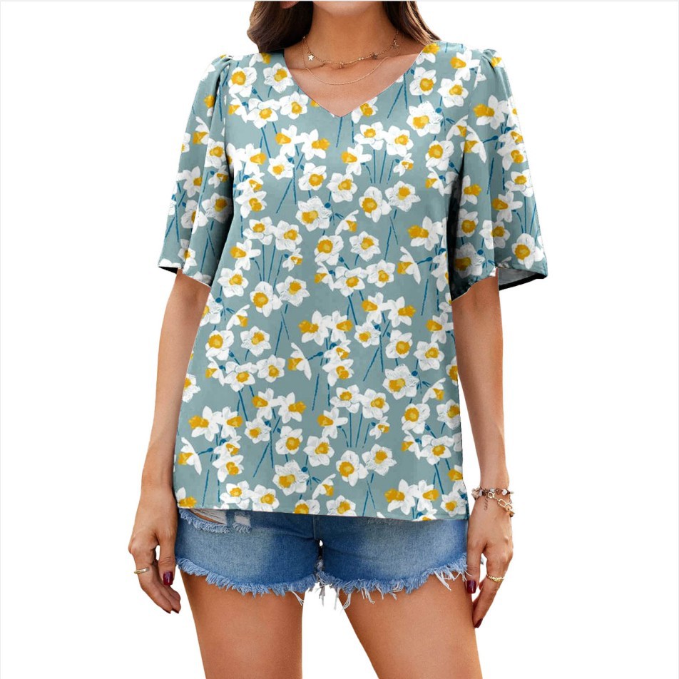 Women's Loose V-Neck Ruffle Sleeve Casual Top