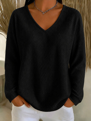 Women's Waffle Knit V-Neck Long Sleeve Loose Fit Solid Color T-Shirt