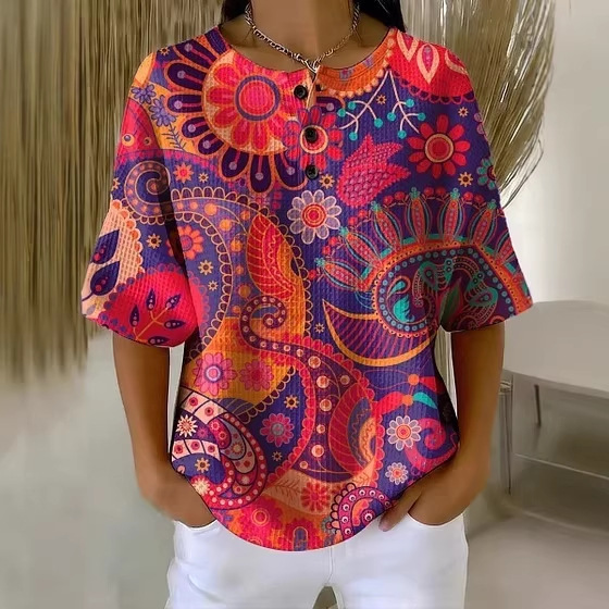 Summer Plaid Floral Print Short Sleeve Button-Up Top