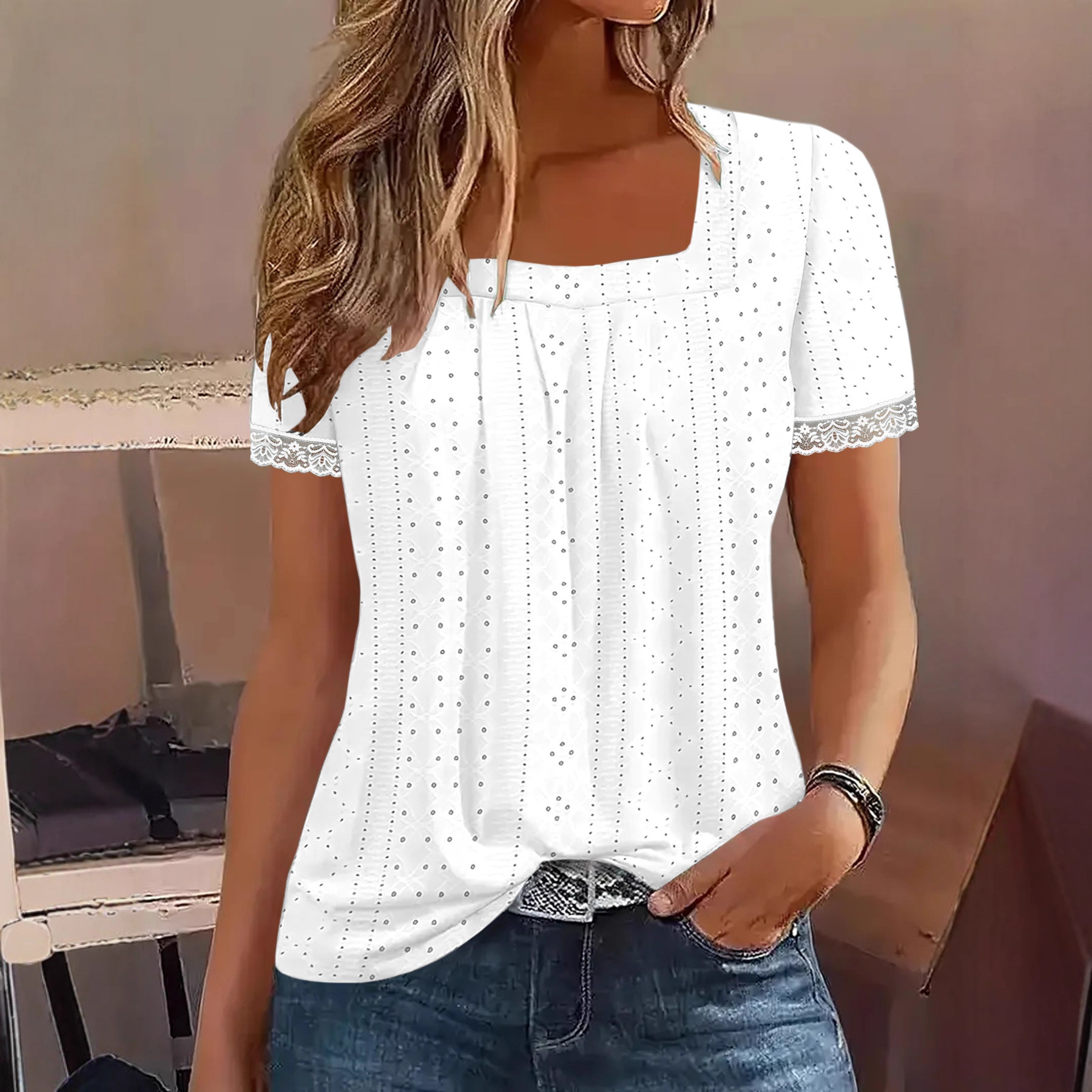 Women's Square Neck Short Sleeve Eyelet Jacquard Top