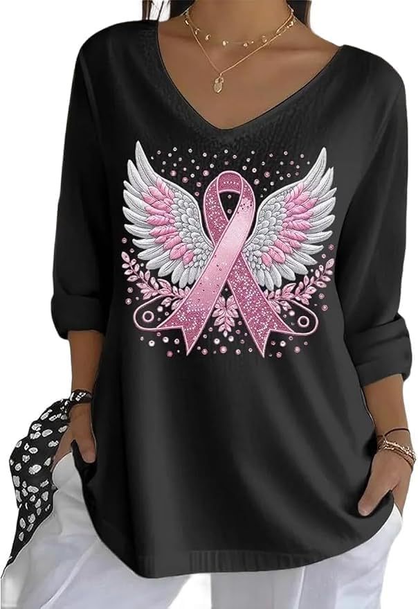 Wing Ribbon Print V-Neck Half-Sleeve T-Shirt