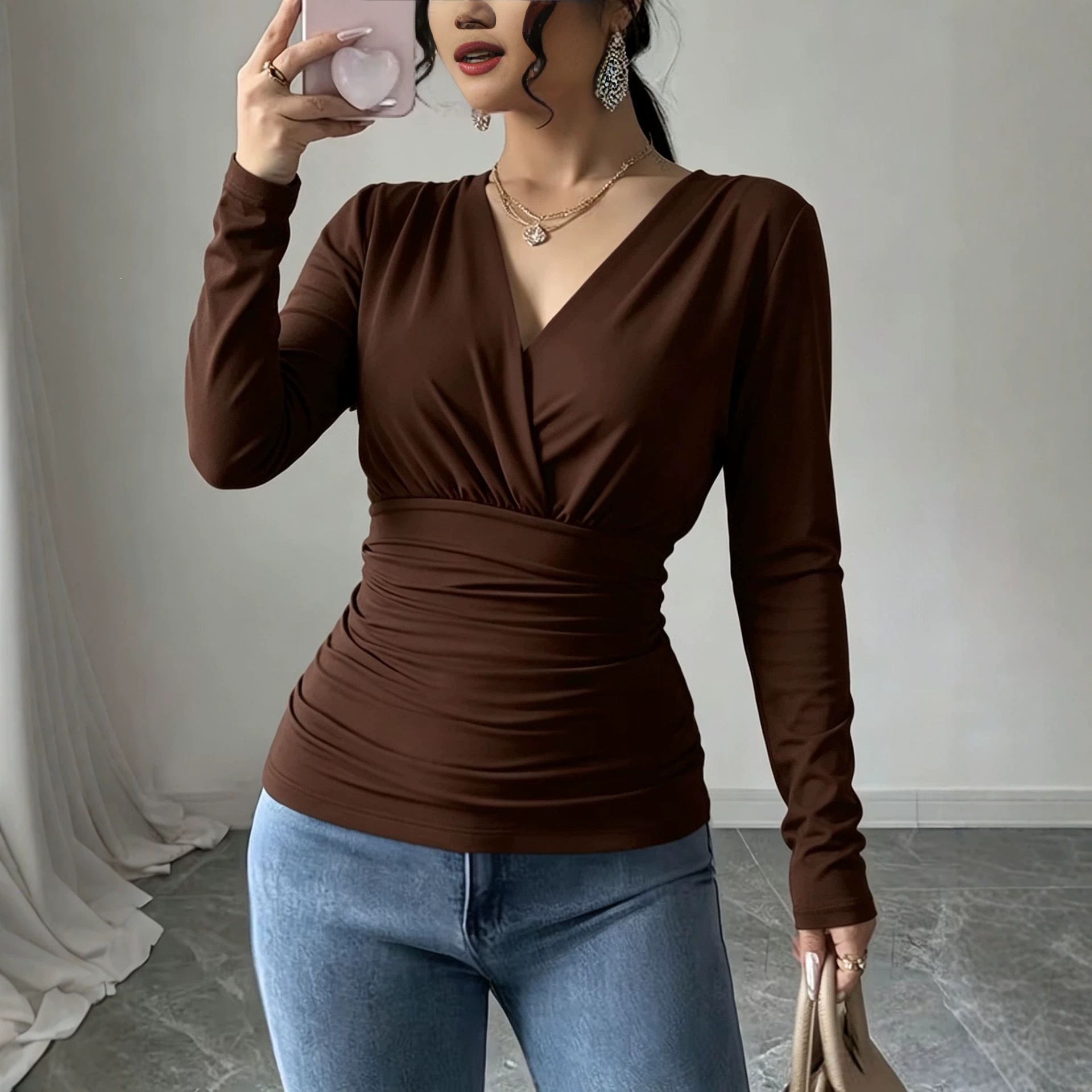 Women's French Cross V-Neck Ruched Waist Slimming Long Sleeve T-Shirt