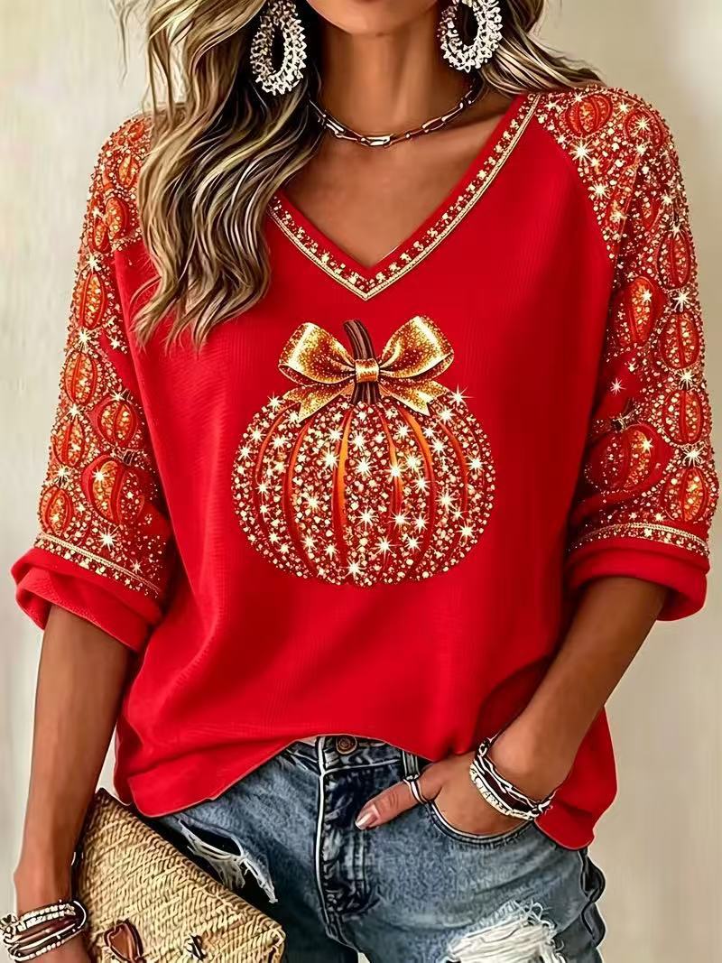Halloween Pumpkin Bow Print V-Neck Half-Sleeve Women's T-Shirt