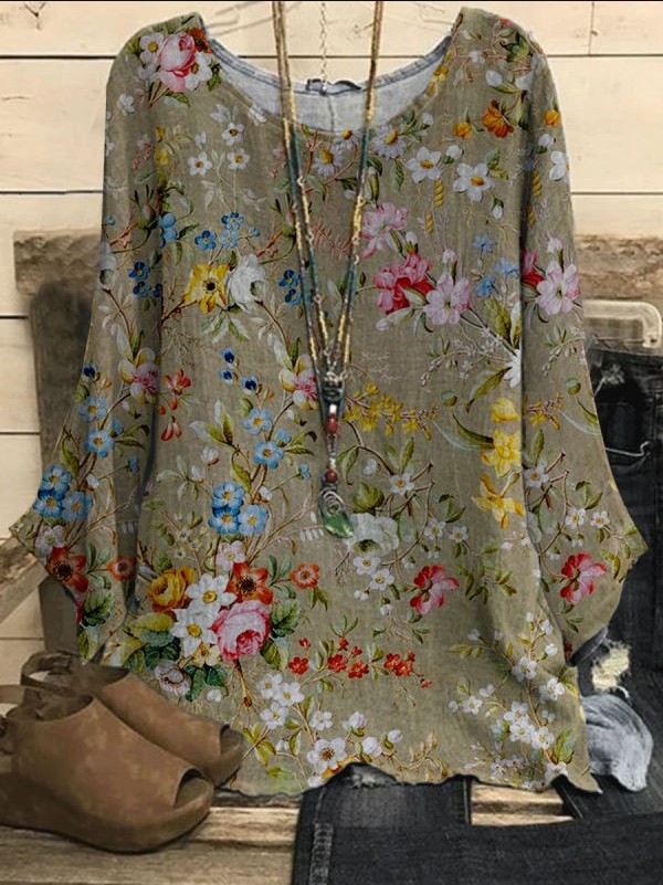 Women's Cotton-Linen Print Round Neck Loose Vintage Top