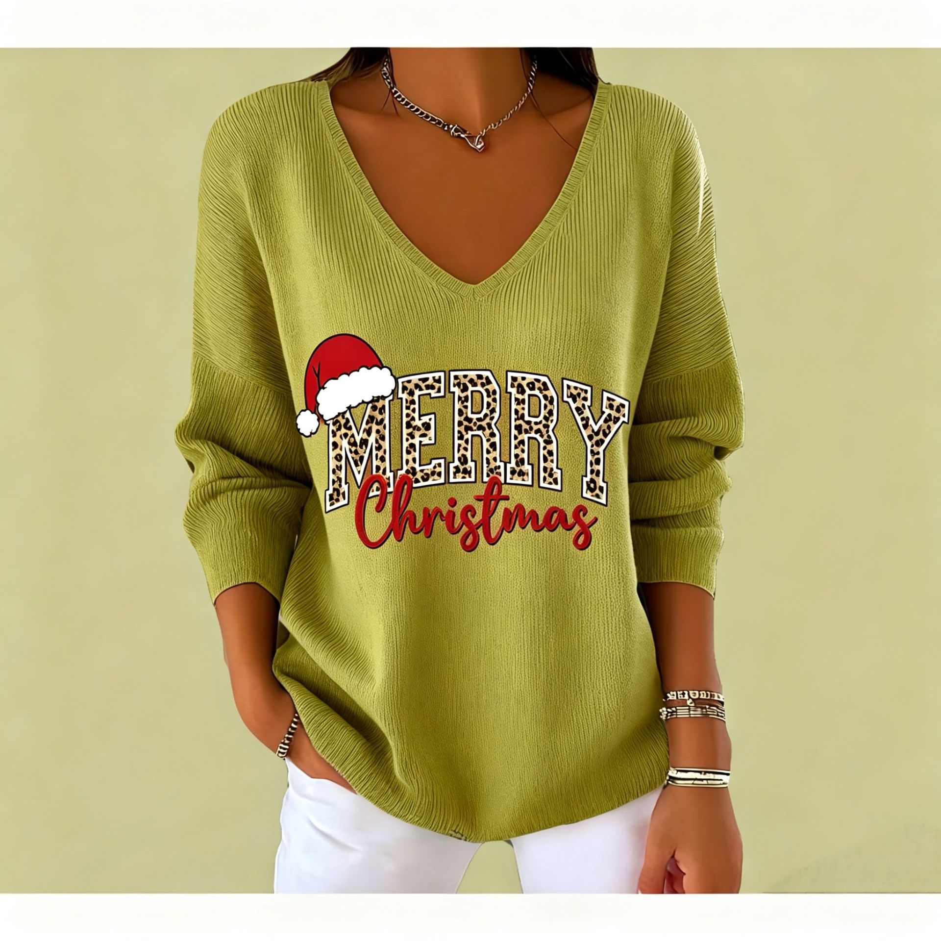 Christmas Letter Print V-Neck Long Sleeve Women's T-Shirt