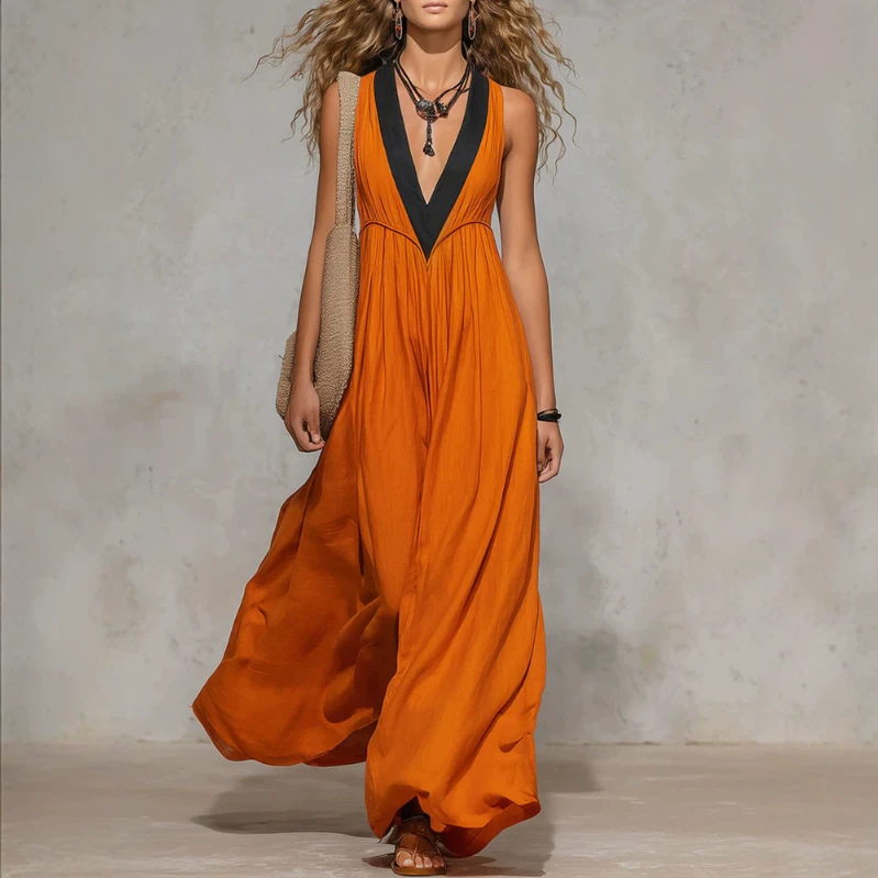 Orange Color-Block V-Neck Sleeveless Maxi Dress