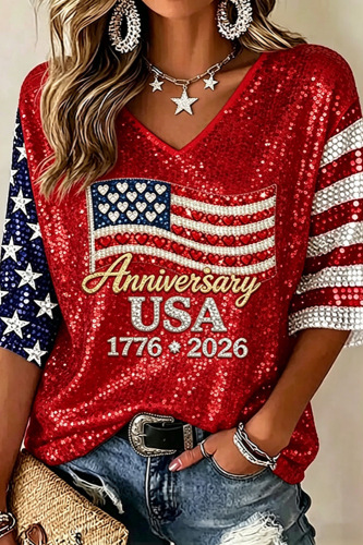 Women's American Flag Firework Print V-Neck Short Sleeve T-Shirt