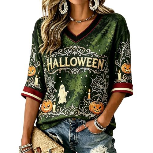 Halloween Pumpkin Shadow Print V-Neck Mid-Sleeve Women's T-Shirt