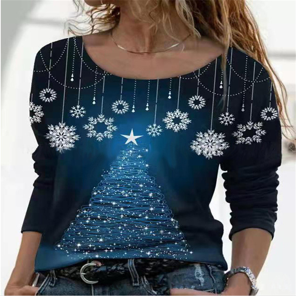 Christmas Floral Print Loose Crewneck Pullover Top T-Shirt