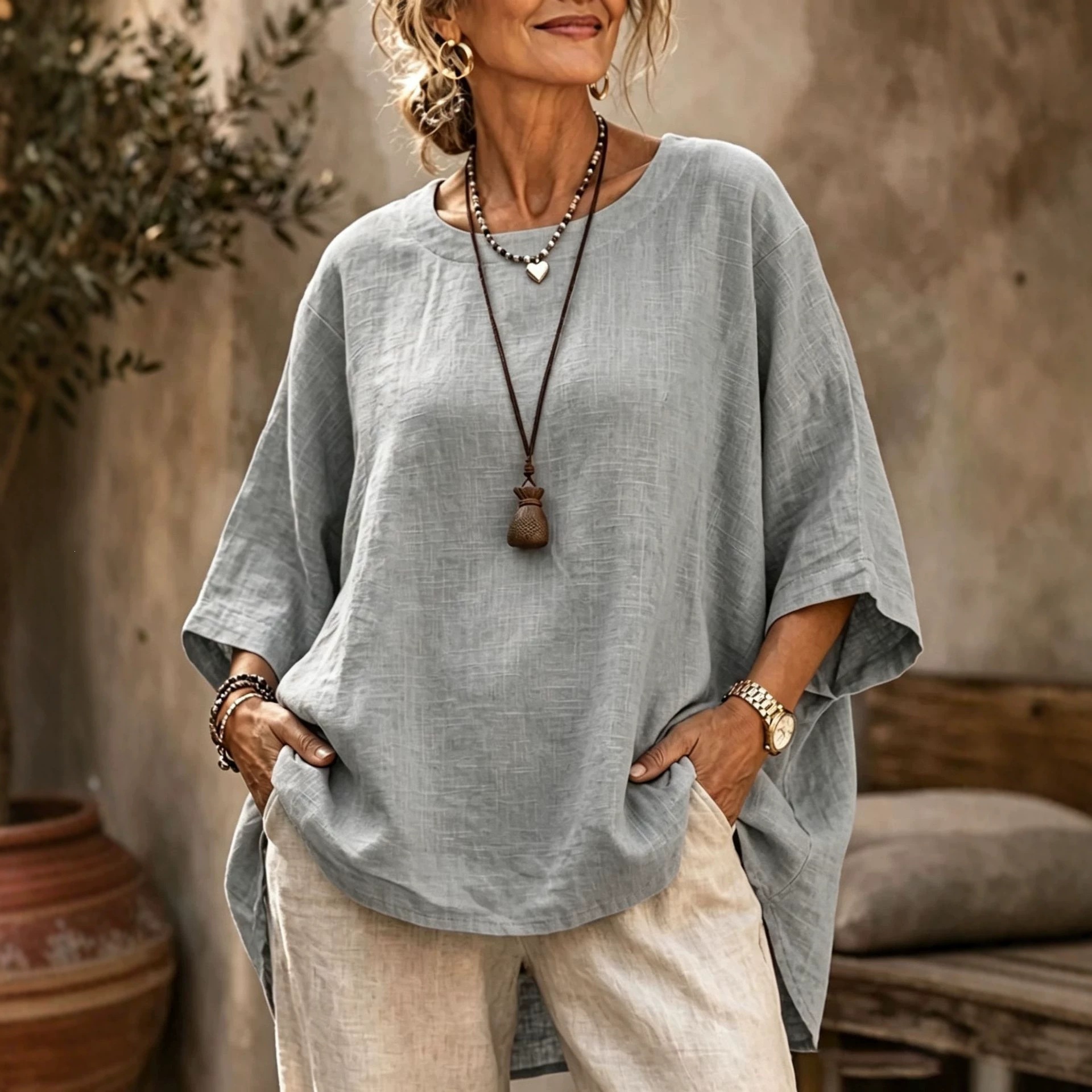 Women's Loose Round Neck Solid Cotton Linen 3/4 Sleeve Top