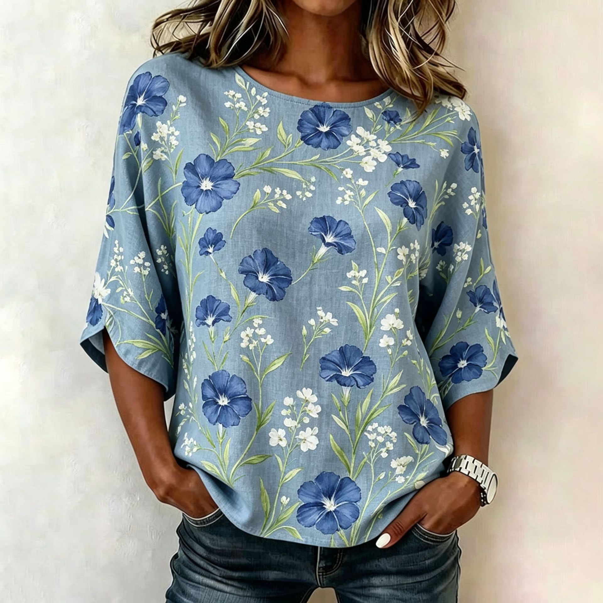 Floral Plaid Print Mid-Sleeve Women's Top