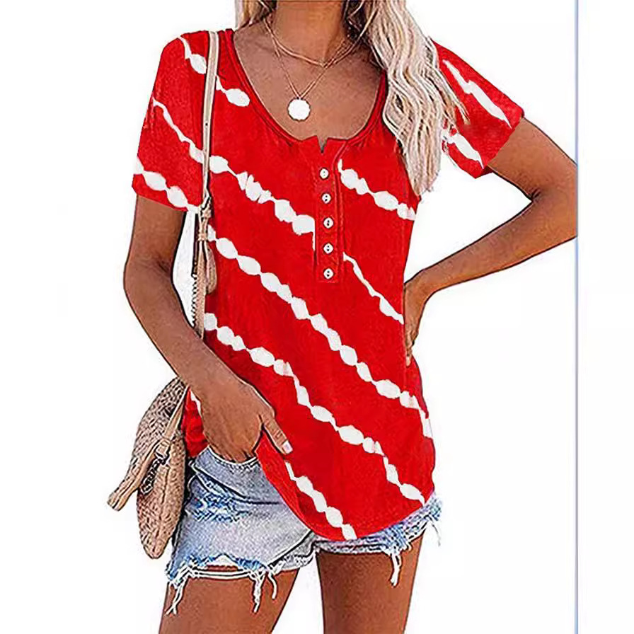 Striped Crewneck Button Short-Sleeve T-Shirt