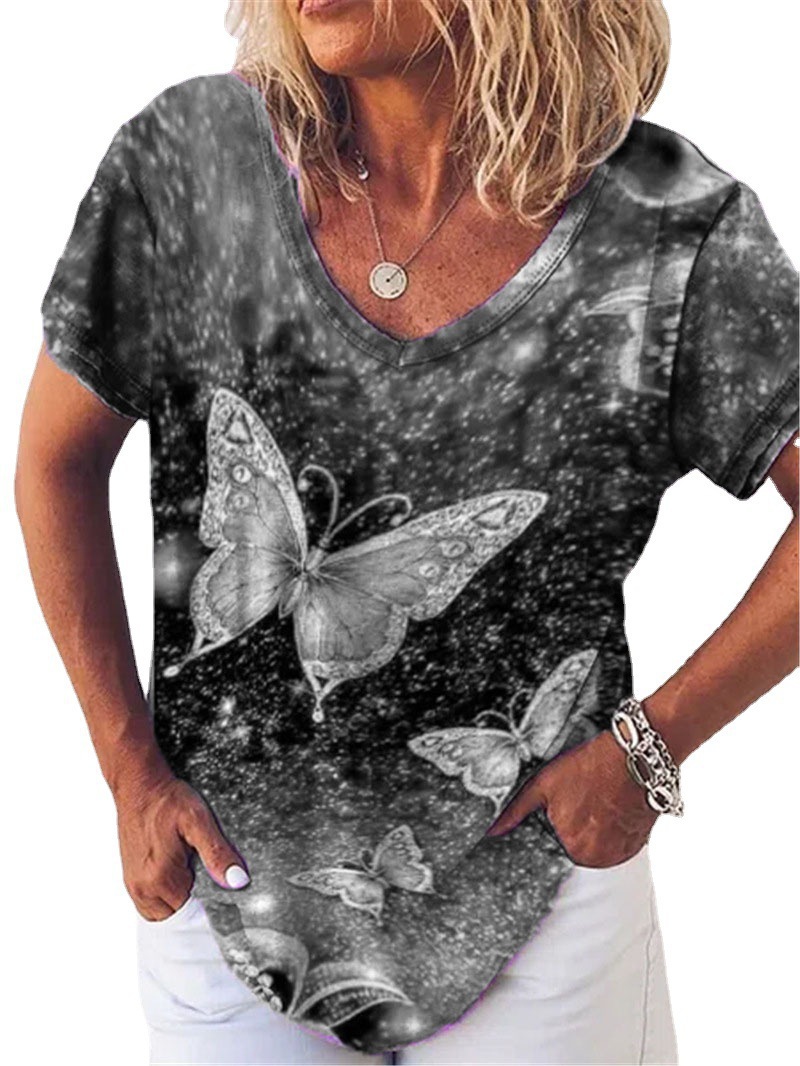 Women's V-Neck Butterfly Print Short Sleeve T-Shirt