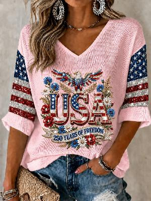 USA 250th Anniversary Print V-Neck Half-Sleeve Women's Top