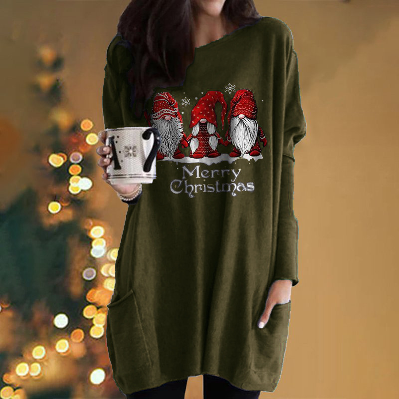Christmas Santa Print Long-Sleeve Pocket Round-Neck T-Shirt Dress