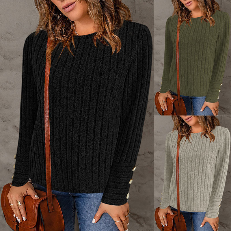 Women's Solid Color Crewneck Long Sleeve Button Top