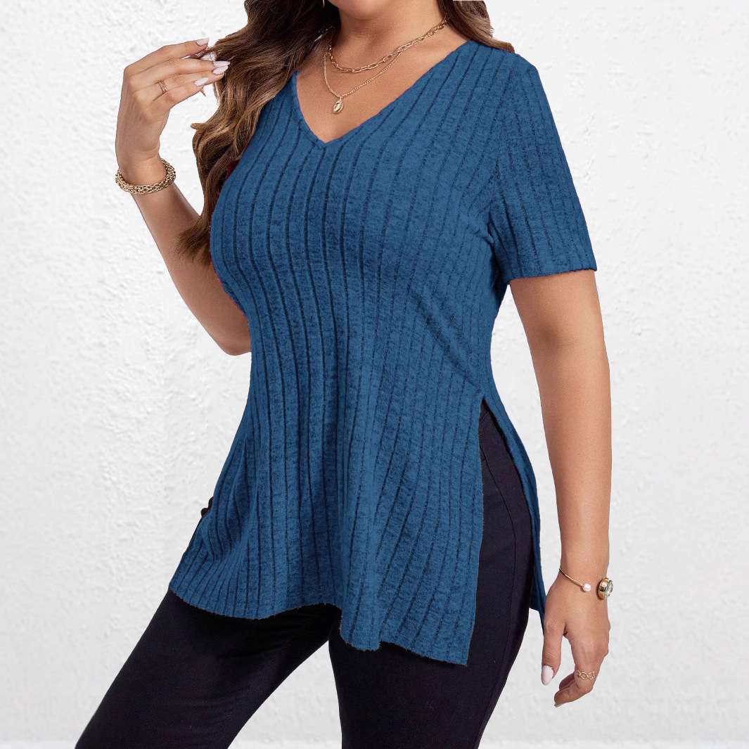 Women's Solid Ribbed V-Neck Short Sleeve Split Hem T-Shirt