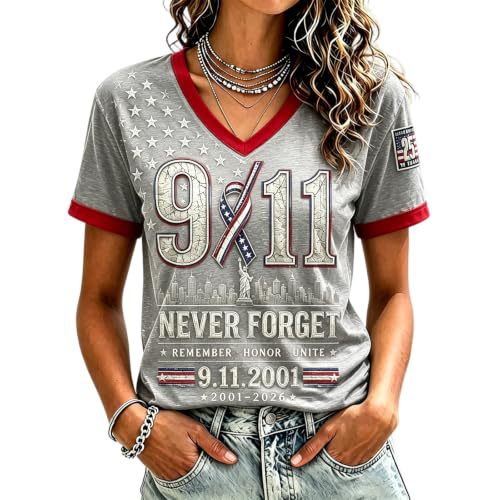 Twin Towers Anniversary Print V-Neck Short Sleeve Women's T-Shirt