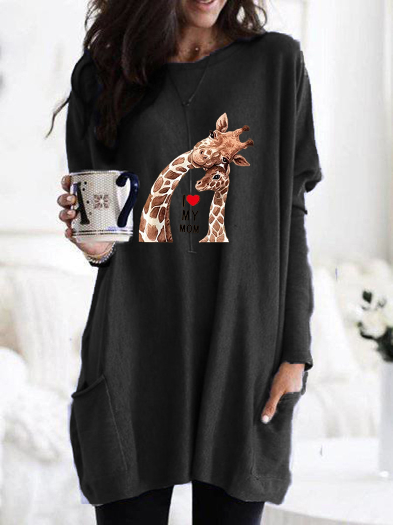 Women's Giraffe Print Long Sleeve Crew Neck Loose T-Shirt