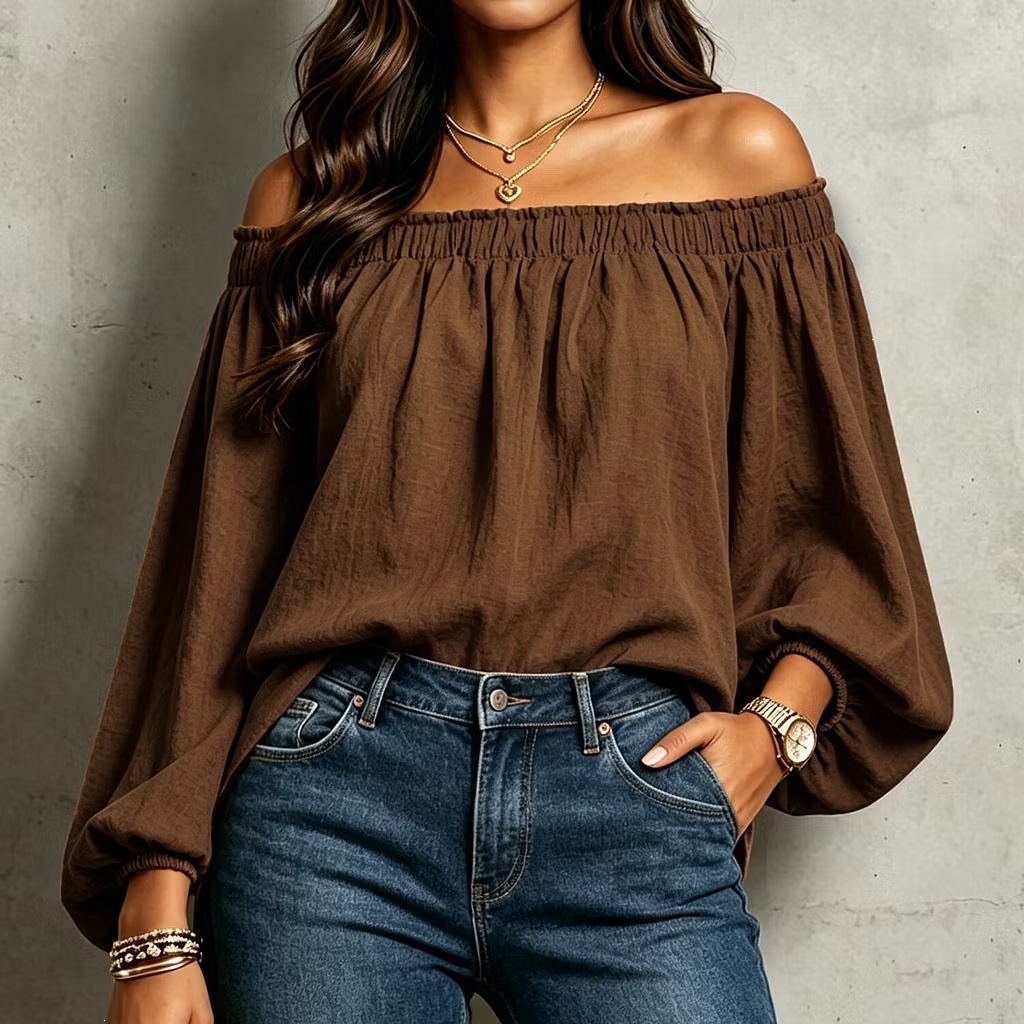 Women's Off-Shoulder One-Line Neck Loose Long-Sleeve Blouse