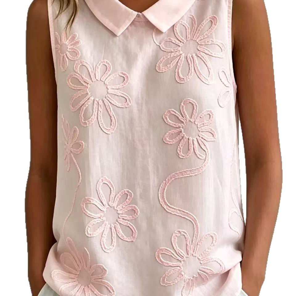Floral Embroidered Sleeveless Tank Top Loose Fit
