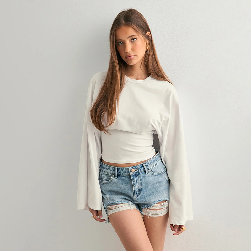Women's Solid Crewneck Cinched-Waist Long-Sleeve Top