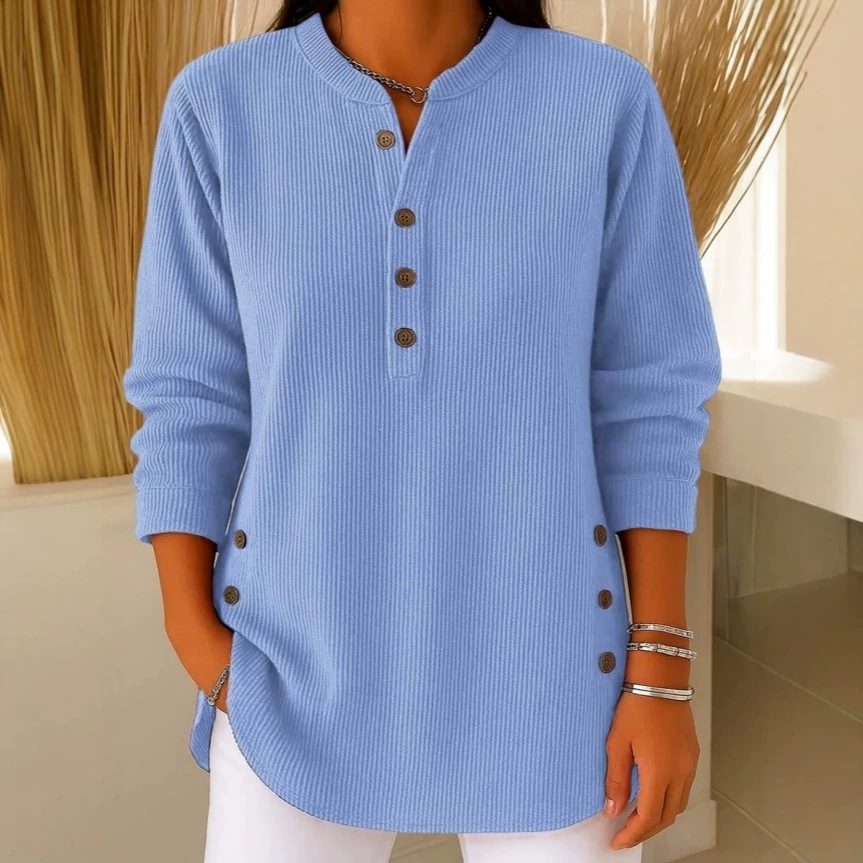 Corduroy V-Neck Button Long-Sleeve Loose Casual Top