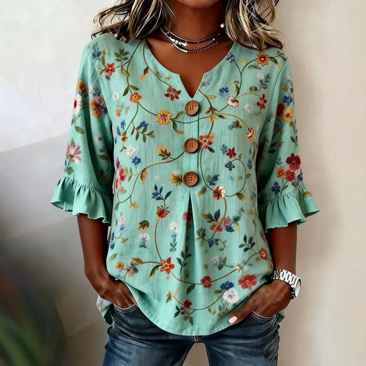 Women's Floral Print V-Neck Petal Sleeve Top