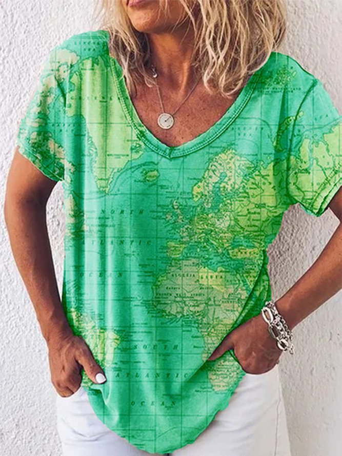 Map Print V-Neck Short Sleeve Women's T-Shirt