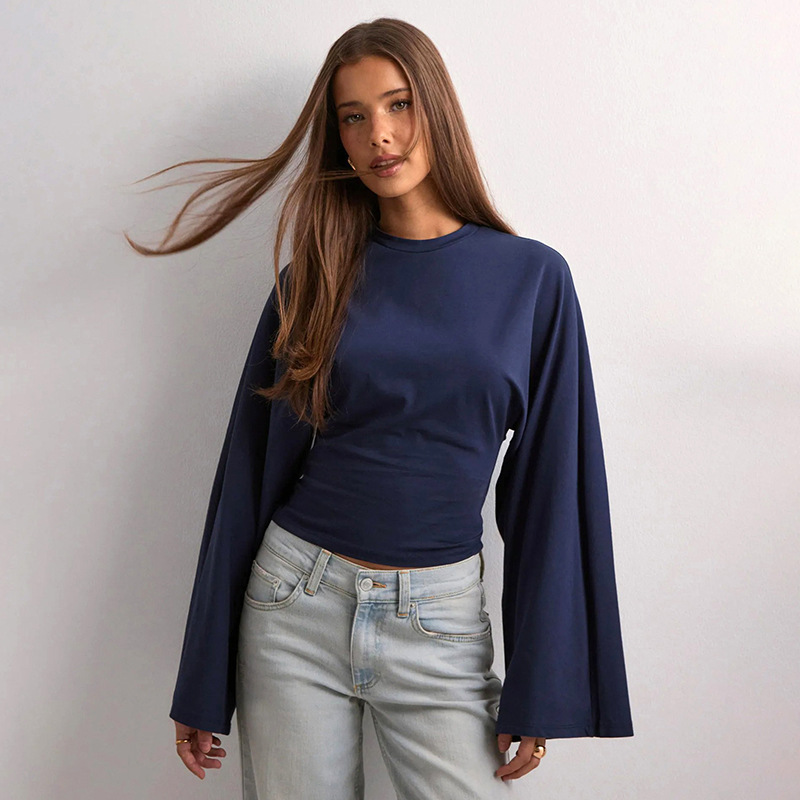 Women's Solid Crewneck Cinched-Waist Long-Sleeve Top