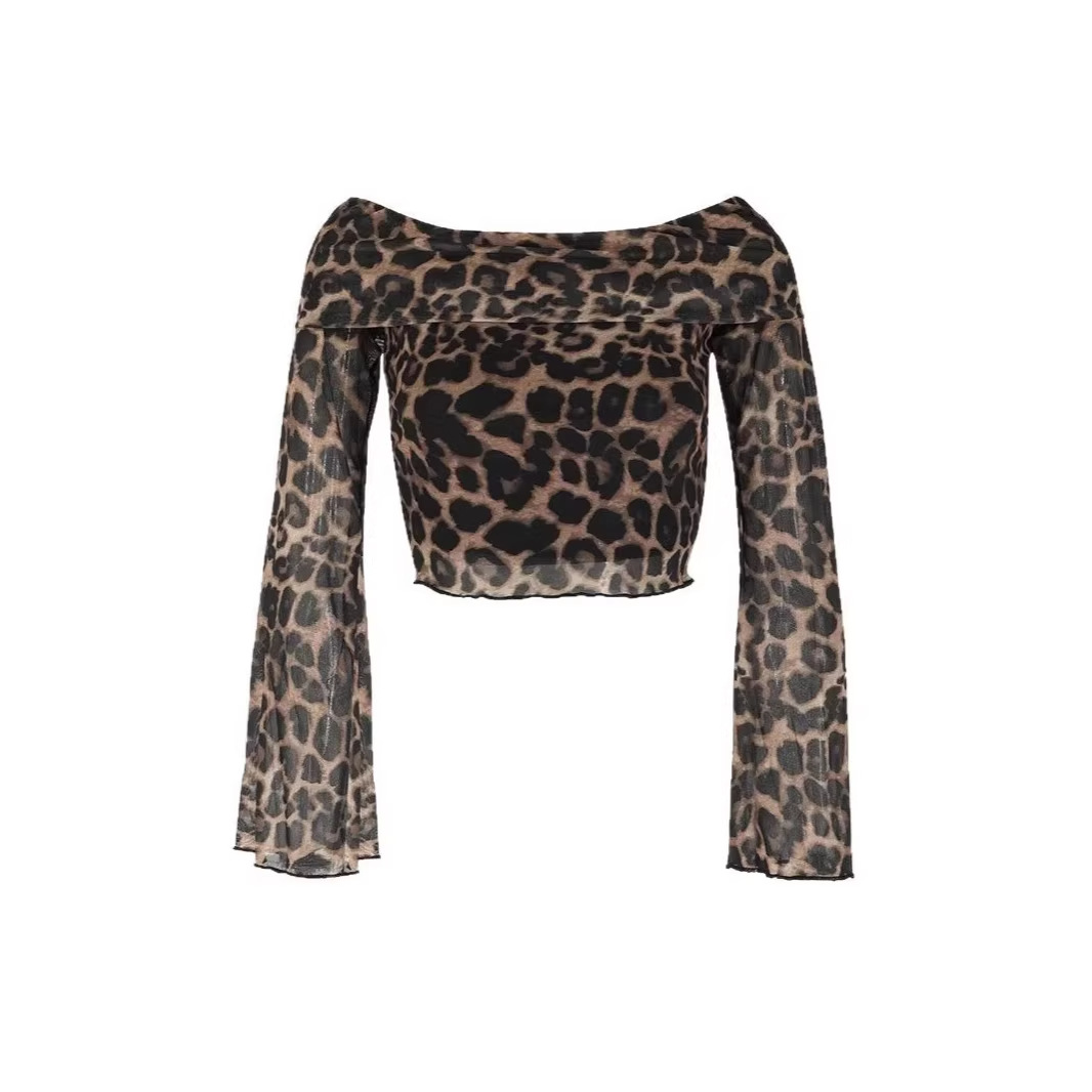 Women's Leopard Print Off-Shoulder Long-Sleeve Slim Top
