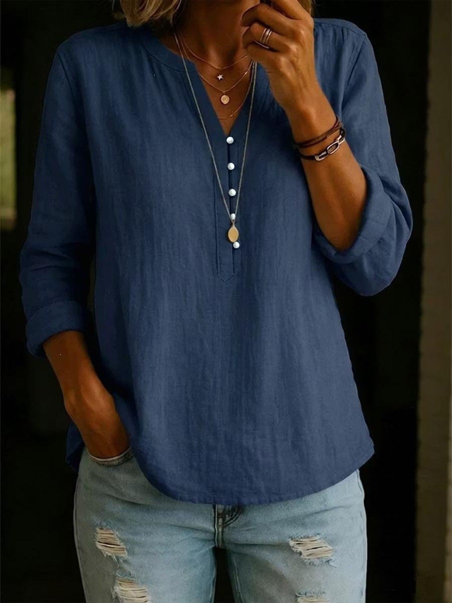 Cotton-Linen V-Neck Button-Front Long-Sleeve Top