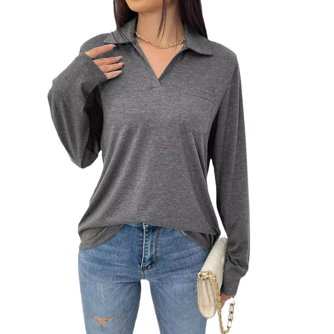 Women's Long Sleeve Solid Color Collared Loose Pocket T-Shirt