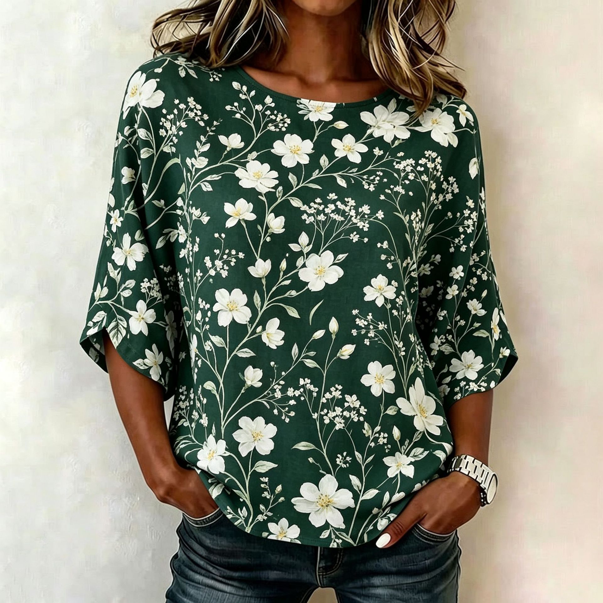 Floral Plaid Print Mid-Sleeve Women's Top