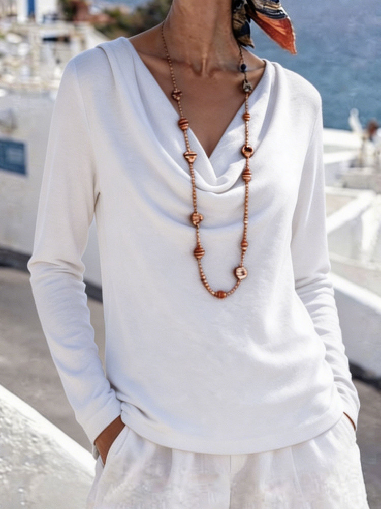 Women's Casual Loose Solid Color Cowl Neck Long Sleeve Pullover Top