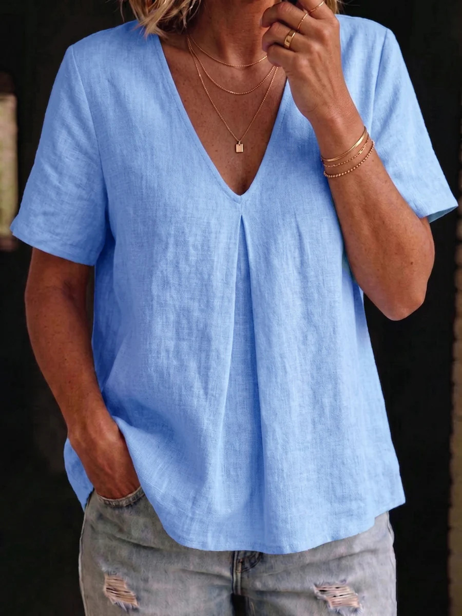 Cotton-Linen V-Neck Short-Sleeve Loose Fit Top for Women