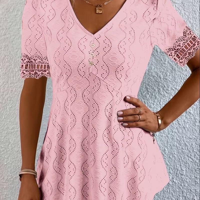 V-Neck Lace Crochet Waist-Fitted Short-Sleeve Top