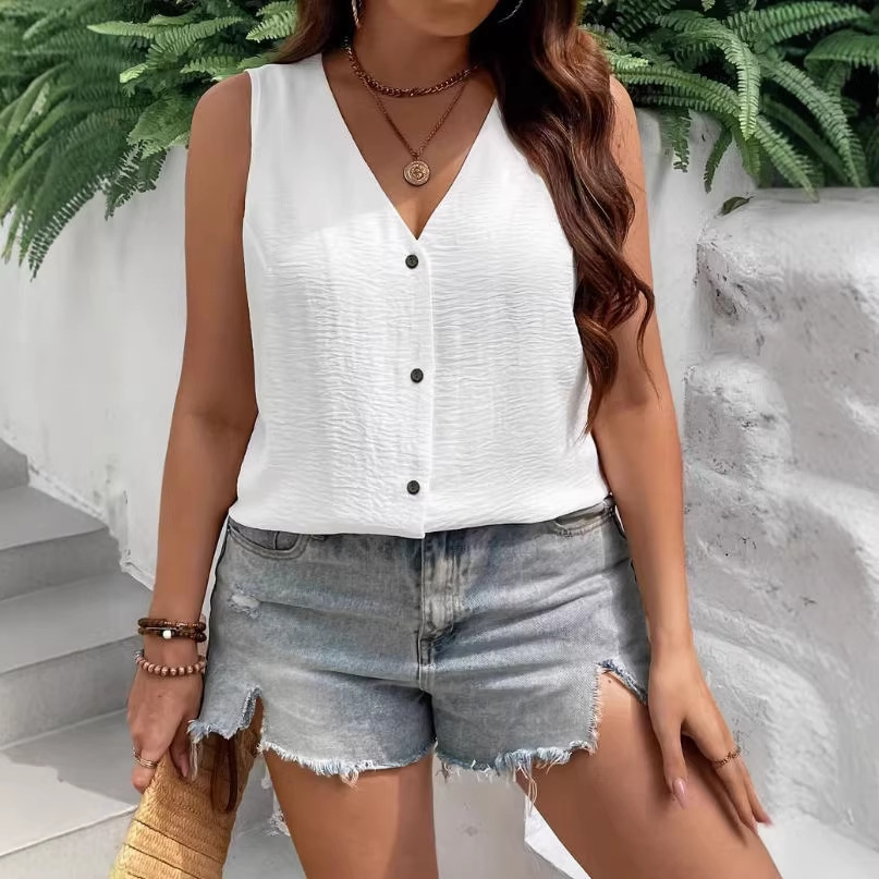 Women's Loose Sleeveless V-Neck Solid Casual Shirt