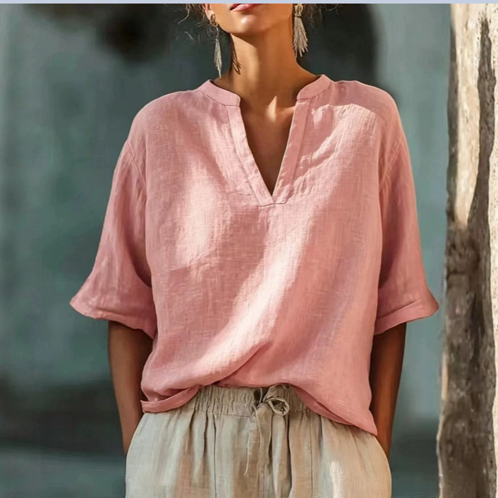 Women's Solid V-Neck Three-Quarter Sleeve Cotton-Linen Top